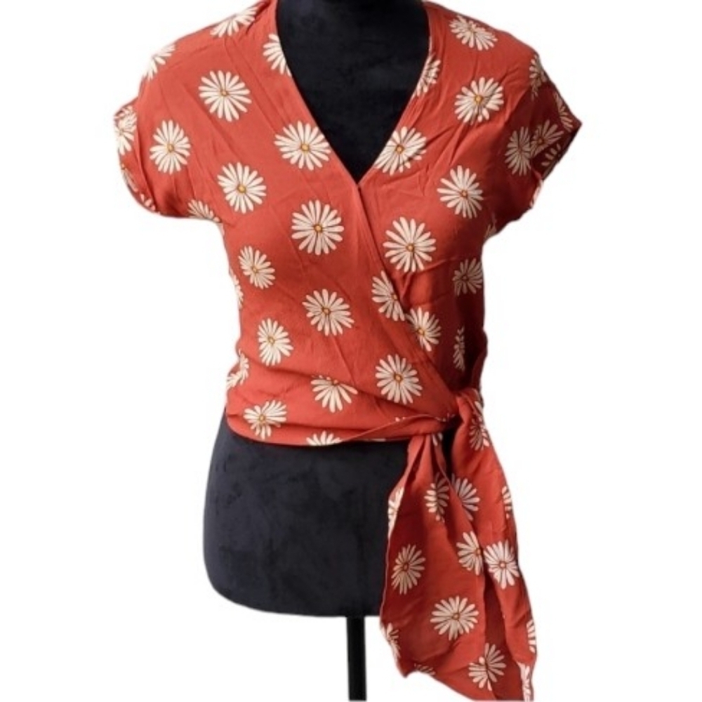 Madewell Top Chinch Wrap Tie Size XXS Flowers New Rust Cream Fairy